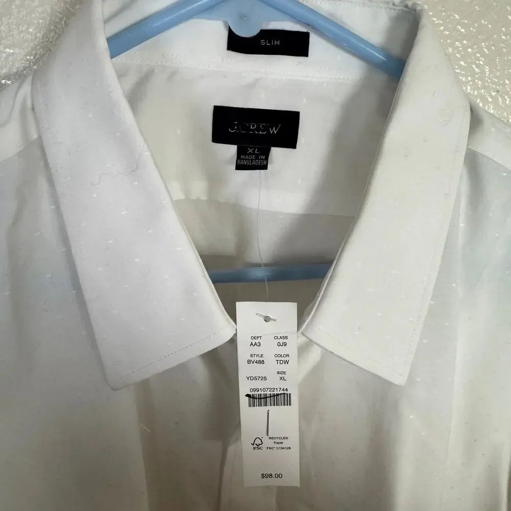 J.Crew Slim Fit Bowery Wrinkle-Free Dobby Dress Shirt Mens XL White Point Collar